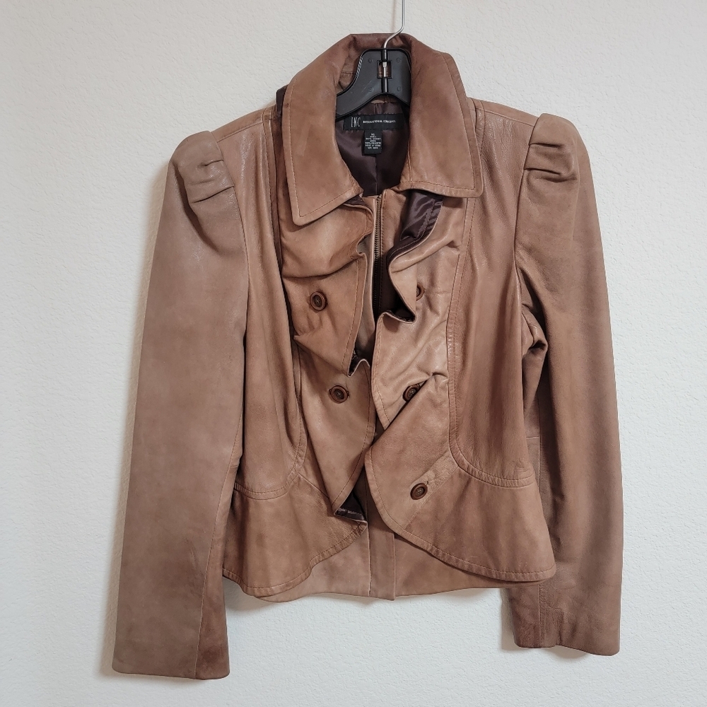 🤍 INC Womens Taupe Leather Removable Ruffle Jacket